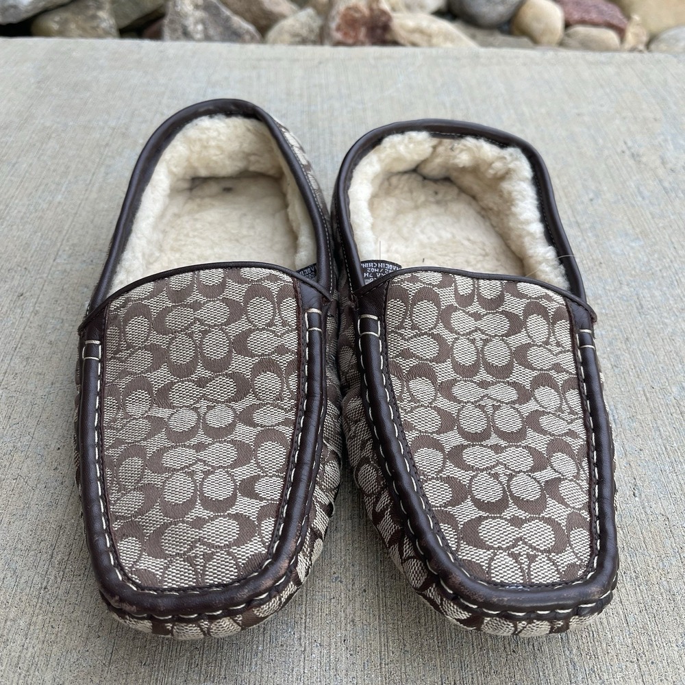 Coach Monica Shearling Monogram Slippers Size 7 Slip On Tan Vintage